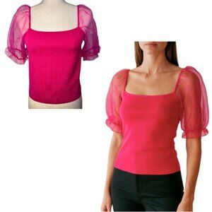 HOUSE OF HARLOW 1960 Crewneck Ribbed Knit Crop Top w/ Sheer Puff Sleeves Size M